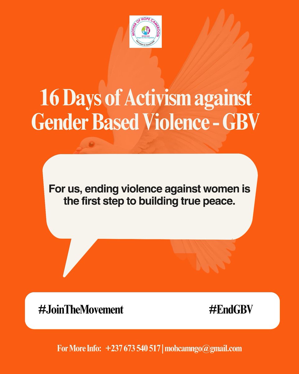 Day 1/16 | #OrangeTheWorld

Peace starts at home. When women are unsafe, communities cannot thrive.
During these 16 Days of Activism, we choose safety, dignity, and peace for all women and girls.
Join us as we #OrangeTheWorld.<a href="/Mohcam5/">Mohcam ( Mother of Hope Cameroon)</a> <a href="/Wopen25/">Women Peace Builders Network-WOPEN</a> <a href="/16DaysCampaign/">Global 16 Days Campaign</a> <a href="/GBVnet/">GBV Prevention Net</a> <a href="/copashgh/">Coalition of People Against SGBV & HPs</a>