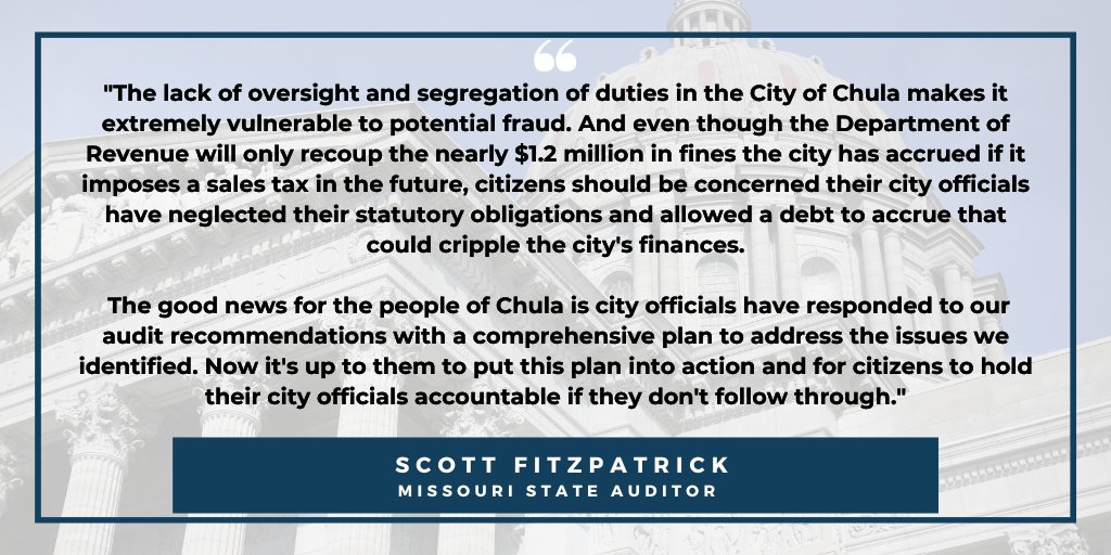 Auditor_Fitz's tweet image. A new report from Auditor Fitzpatrick finds the City of Chula has racked up nearly $1.2 million in fines from the state, and city officials need to make significant improvements to the basic operations of their city government. The audit, which was requested by the residents of…