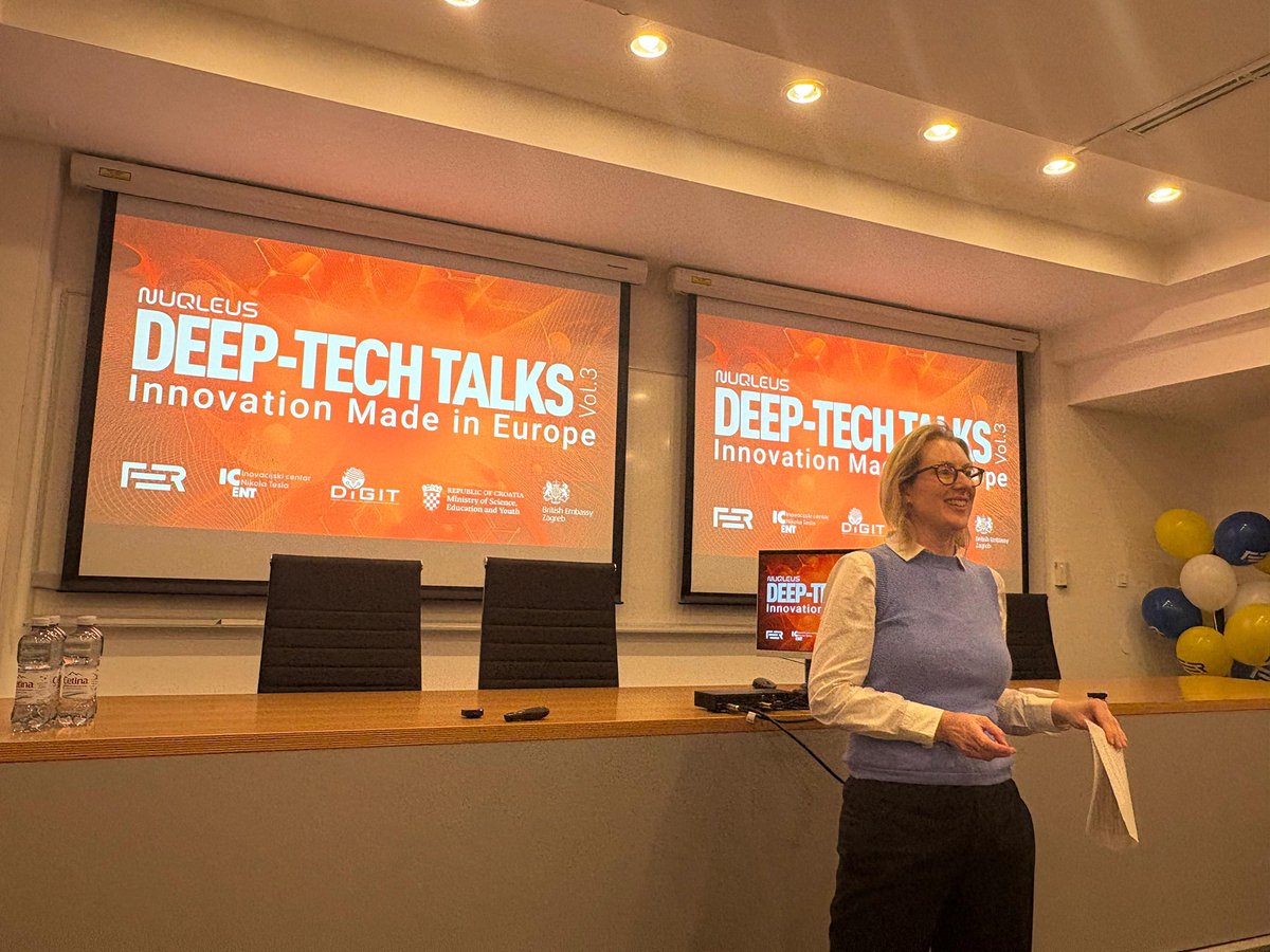 UKinCroatia's tweet image. 🇬🇧 #tech leads Europe: $1.2T sector, 163 unicorns, $7B raised in H1 2025. 
Today we brought that expertise to Zagreb at the #DeepTech bootcamp hosted by Nuqleus at FER, connecting Croatian startups with UK mentors. Huge thanks to the mentors for inspiring 13 ambitious startups!