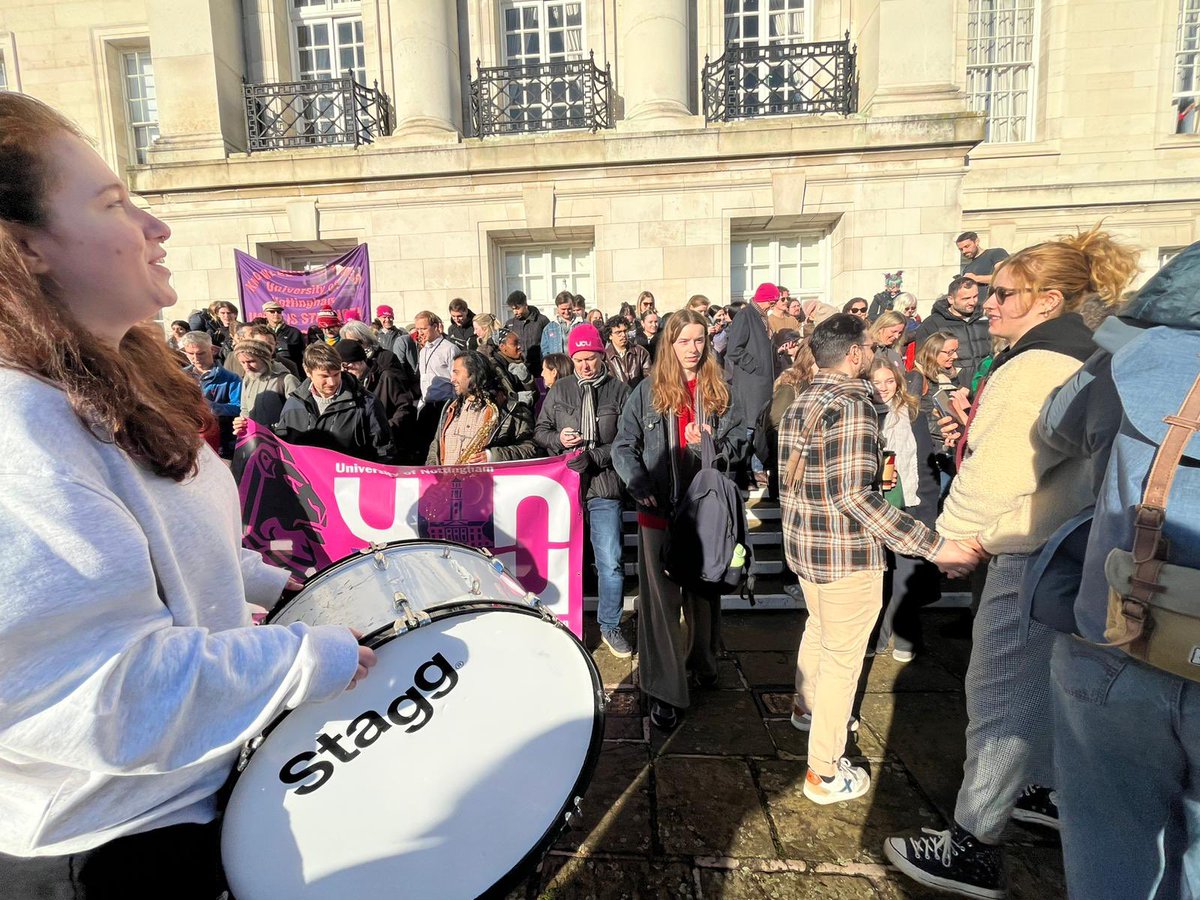 ucu's tweet photo. A huge turnout in Nottingham today, around 300 staff and students standing together against cuts.
Powerful speeches, real solidarity, and a clear message: we won’t let our universities be dismantled.

We are the university. ✊if you’ve not voted there is still time! Get it in! 
@UoNUCU