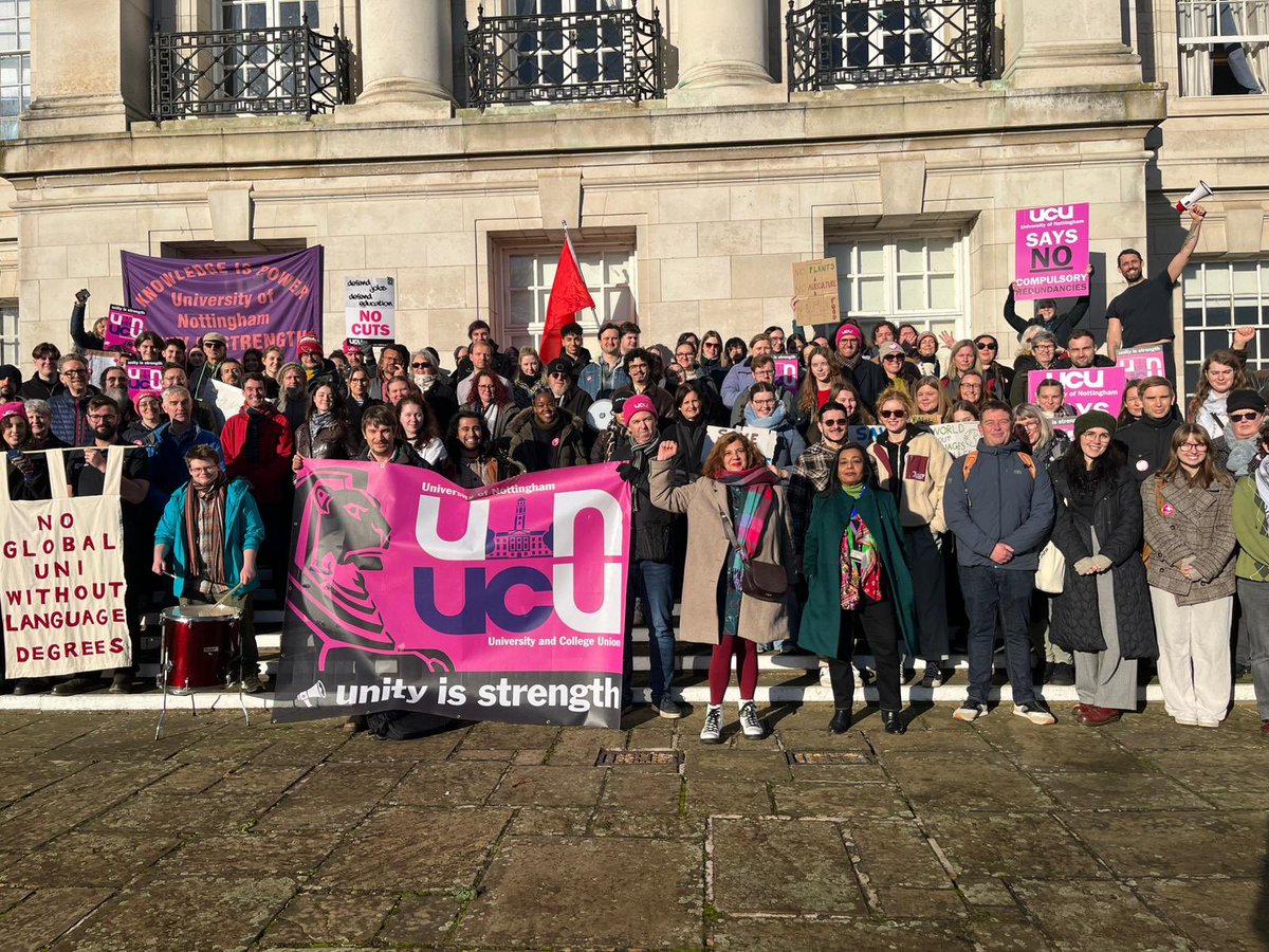 ucu's tweet photo. A huge turnout in Nottingham today, around 300 staff and students standing together against cuts.
Powerful speeches, real solidarity, and a clear message: we won’t let our universities be dismantled.

We are the university. ✊if you’ve not voted there is still time! Get it in! 
@UoNUCU