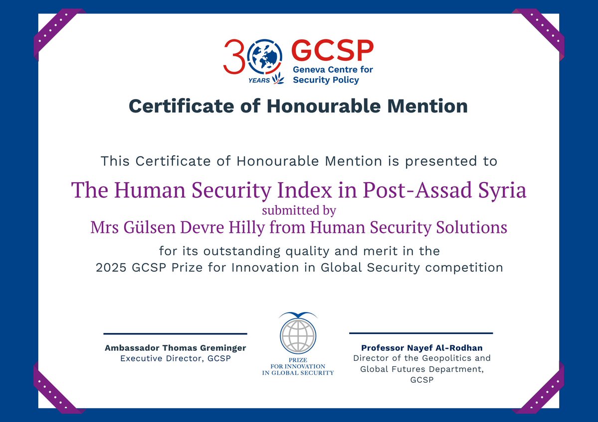 TheGCSP's tweet image. 👏 Congratulations to Human Security Solutions for their Honourable Mention for their mobile app designed to create &amp;amp; monitor a Syria-specific Human Security Index (HSI). A powerful step toward community-driven data, accountability &amp;amp; peace. 

#GCSPPrize #GCSPInnovationDay