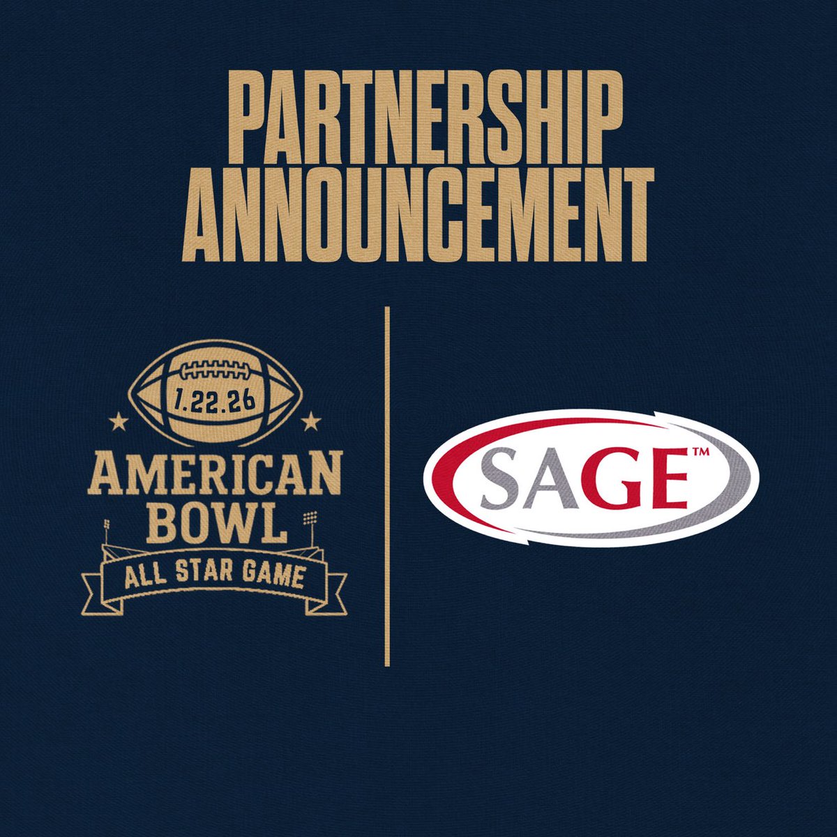 TheAmericanBowl's tweet photo. We’re excited to welcome SAGE Collectibles as an official partner of The American Bowl! Together, we’ll highlight the nation’s top college seniors as they take the next step toward their football futures.

#TheAmericanBowl 🇺🇸 https://t.co/uoHSAP2v6g