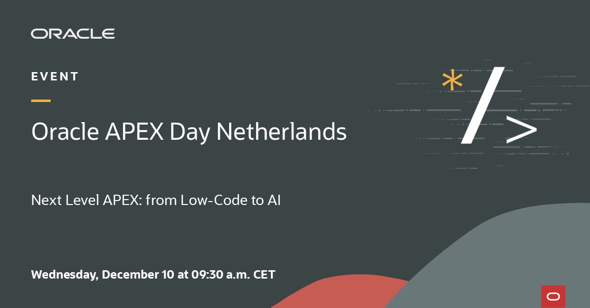 CWModernHCM's tweet image. 🚀 @Oracle APEX Day Netherlands: from Low-Code to AI! 

 📅 Dec 10📍Oracle Office Utrecht

Dive into advanced APEX features, seamless AI integration for faster app dev, mind-blowing demos, and much more!

📌 Register today: social.ora.cl/60197oVpB