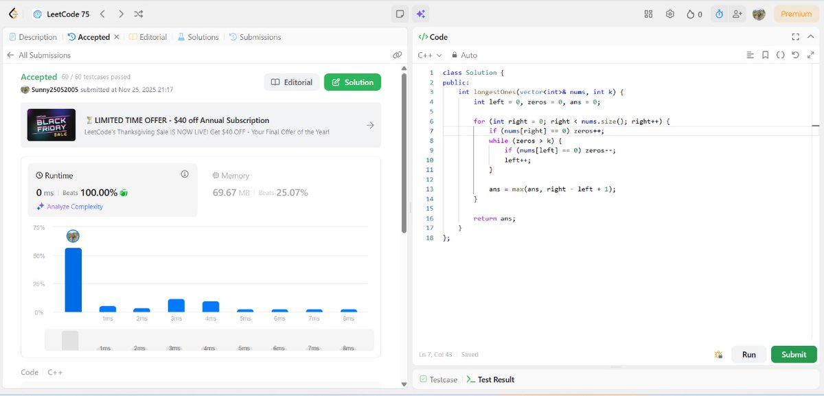 SunnyKumar51305's tweet image. 🔥 Problem of the Day:  Max Consecutive Ones 3
Approach:  
Language: C++
Difficulty: Medium 
✅ Passed all testcases
#DSA #LeetCode75