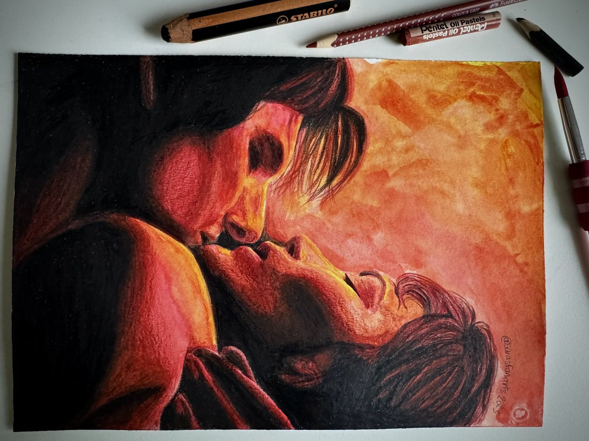 sarasfanarts's tweet image. “Whenever we see red in a scene, there’s a bit of love” 
🔥❤️🧨⛺️🌹🍒

For my last tribute to the colors of #Severance I wanted to go full watercolor for how present red is in this shot, but this medium is my enemy so pastel adjustments had to be made 🥴