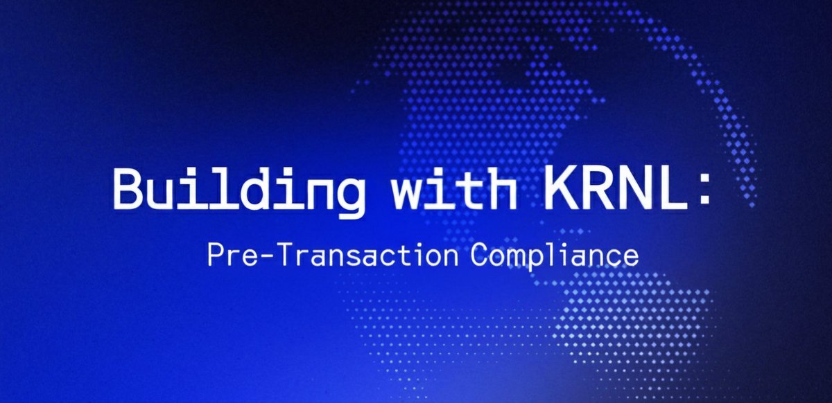 KRNL_xyz's tweet photo. Building with KRNL: Pre-Transaction Compliance ⚖️

Compliance usually happens after a transaction is already moving, which is exactly when it’s too late. 

KRNL shifts this logic upstream.

It screens every transaction before broadcast, applying AML, regulatory, and policy rules directly in the execution flow with verifiable, low-cost guarantees.

This lets builders create:

🔹 DeFi protocols that reject restricted transfers instantly 

🔹 Fintech apps that enforce KYC tiers and jurisdiction limits in real time 

🔹 Enterprises that embed policy controls directly into on-chain workflows 

🔹 Agents and automated systems that only execute when every rule is satisfied

Pre-transaction checks. Native enforcement. Confident execution.