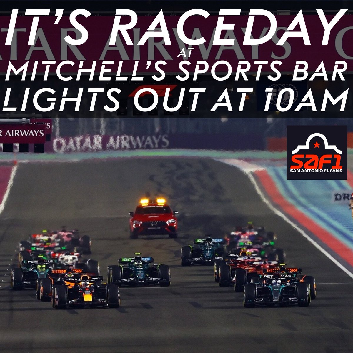 SAFormula1Fans's tweet photo. IT'S RACEDAY!!
Come join us tonight at Mitchell's, 1923 Lockhill Selma, #SanAntonio #Texas, for the @F1 #QatarGP, with lights out at 10am. 🏎 🏁
All #FormulaOne fans are welcome.
We are Pet and kid friendly. 🐾🍻
#SAF1 #Formula1 #F1 https://t.co/3jhQFtVf31