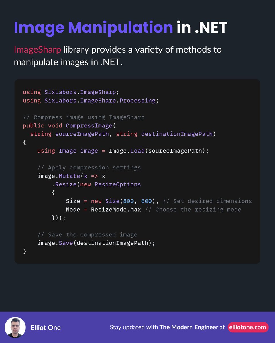 elliot1one's tweet image. ImageSharp is a fully managed, cross-platform library for:

1. Resizing &amp;amp; cropping
2. Filters &amp;amp; effects
3. Thumbnails &amp;amp; compression
4. Metadata &amp;amp; color management

Perfect for consistent, high-performance image workflows.

#dotnet #csharp #imageprocessing