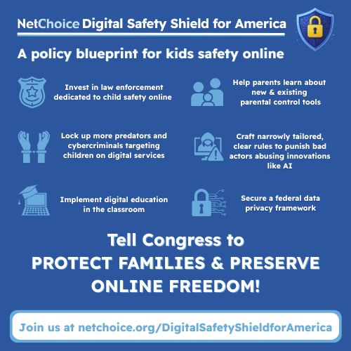 NetChoice's tweet image. NetChoice’s Digital Safety Shield for America provides a plan for lawmakers to protect families and preserve online freedom.

Working together, we can stop digital criminals, protect kids and empower parents online while upholding the rights of Americans.