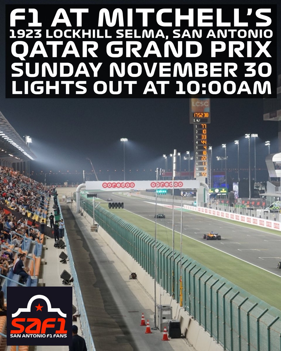 SAFormula1Fans's tweet photo. Come join us Sunday November 30 at Mitchell's, 1923 Lockhill Selma, #SanAntonio #Texas, for the @F1 #QatarGP, with lights out at 10am. 🏎 🏁

Event link in our bio. Click ‘Going’.

All #FormulaOne fans are welcome.
We are Pet and kid friendly. 🐾🍻
#SAF1 #Formula1 #F1 https://t.co/qHZqaV2je8