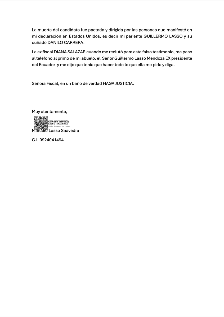 AndresDuranEc's tweet image. #URGENTE I Marcelo Lasso rompe el silencio y envía una solicitud a la agente fiscal Ana Hidalgo. En la misiva reveló quién mató a Efraín Ruales. También explicó cómo se forjó su testimonio y la llamada que recibió de su familiar @LassoGuillermo. LA CARTA HA SIDO VERIFICADA.