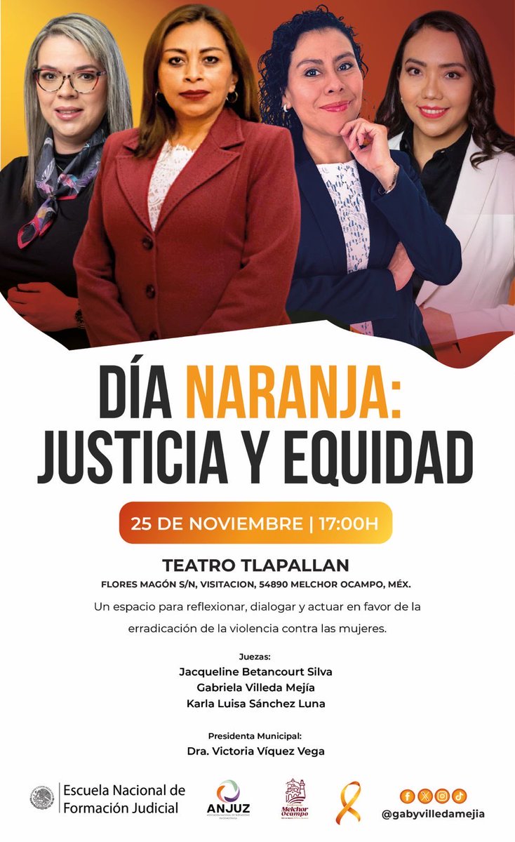 Nuestras actividades continúan. Te invitamos a acompañar a nuestra Comisionada de Trabajo, Empresa y Gobierno @gabyvilledamejia en el teatro Tlapallan, en Melchor Ocampo, en un diálogo entiquecedor en el marco del #25N 

#díanaranja #juzgadoras #derechosdelasmujeres