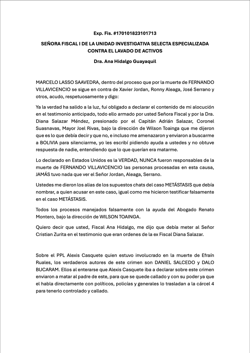 AndresDuranEc's tweet image. #URGENTE I Marcelo Lasso rompe el silencio y envía una solicitud a la agente fiscal Ana Hidalgo. En la misiva reveló quién mató a Efraín Ruales. También explicó cómo se forjó su testimonio y la llamada que recibió de su familiar @LassoGuillermo. LA CARTA HA SIDO VERIFICADA.