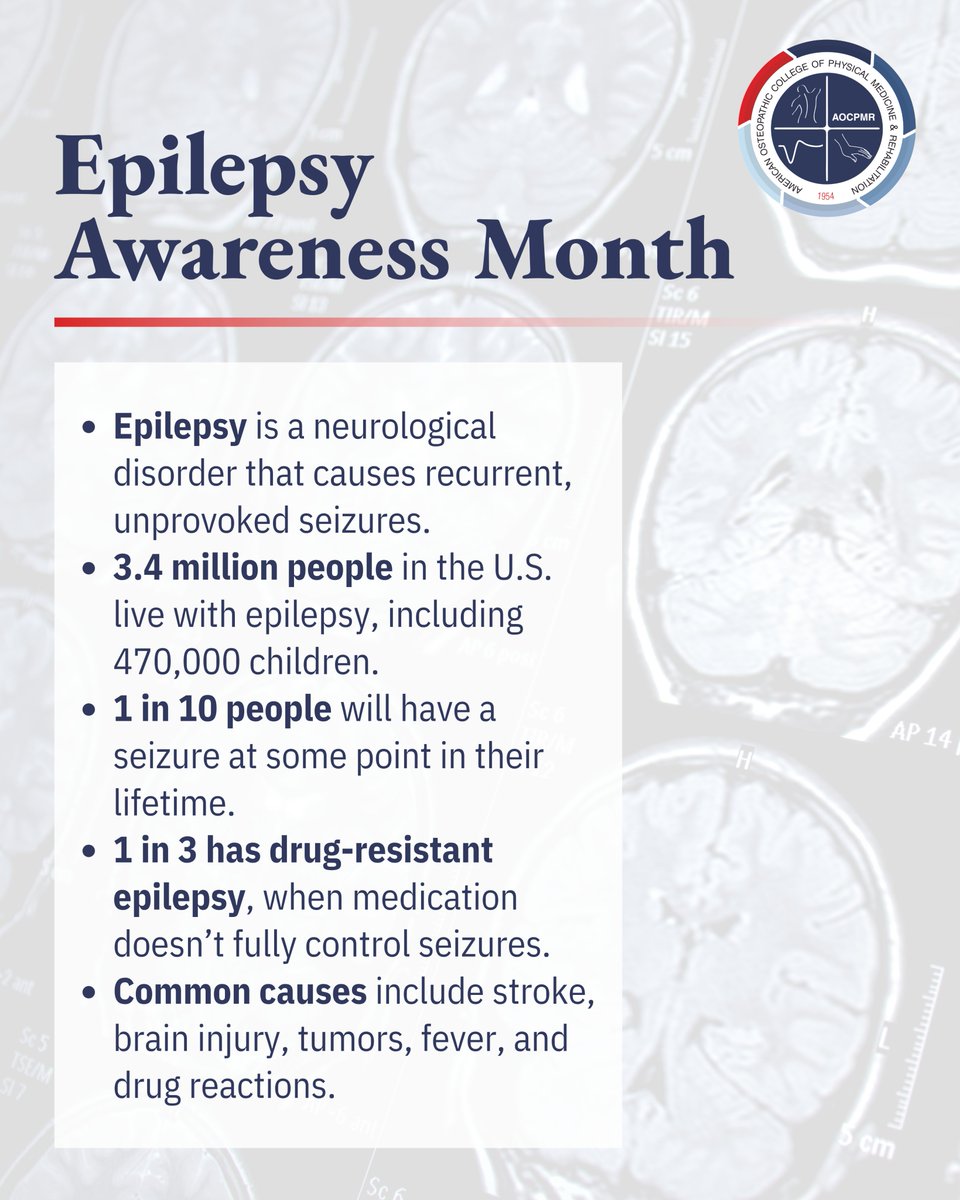 aocpmr's tweet image. This Epilepsy Awareness Month, we’re highlighting the importance of early diagnosis, access to care, &amp;amp; reducing stigma. Through cognitive rehabilitation &amp;amp; multidisciplinary therapies, PM&amp;amp;R helps improve daily function, independence, and overall quality of life.