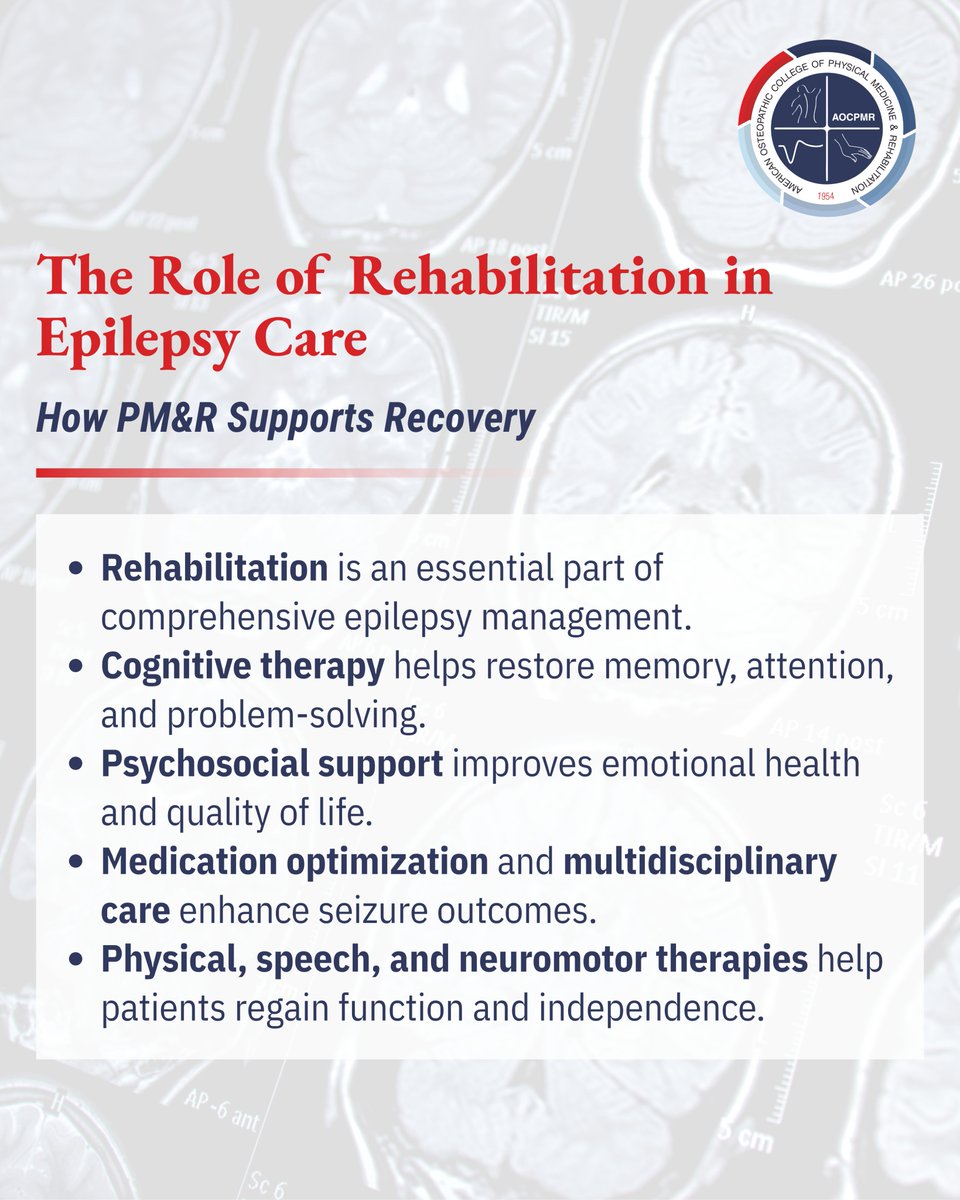 aocpmr's tweet image. This Epilepsy Awareness Month, we’re highlighting the importance of early diagnosis, access to care, &amp;amp; reducing stigma. Through cognitive rehabilitation &amp;amp; multidisciplinary therapies, PM&amp;amp;R helps improve daily function, independence, and overall quality of life.