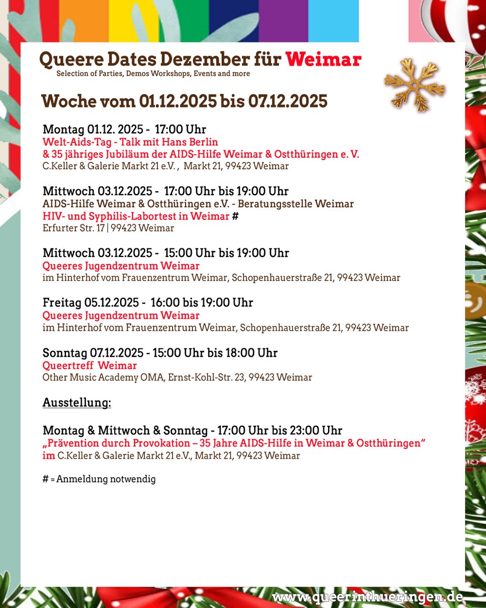 QueererGuide's tweet photo. Queere Termine für Weimar

#queererdezemberkalender #queererdezemberkalender2025 #queerinthüringen #queerinthüringenwirkt #queerinjena #queerinerfurt #queerinweimar #QuerinBadBlankenburg #QueerinHildburghausen #QueerinNordhausen #QueerinSchmalkalden #QuerinIlmenau https://t.co/6f8CXiWBON