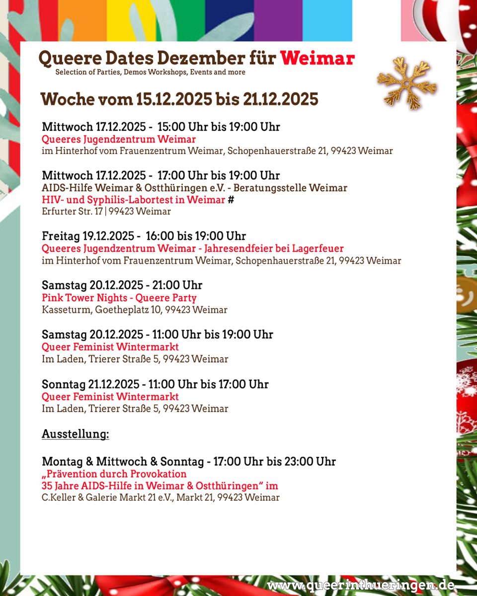 QueererGuide's tweet photo. Queere Termine für Weimar

#queererdezemberkalender #queererdezemberkalender2025 #queerinthüringen #queerinthüringenwirkt #queerinjena #queerinerfurt #queerinweimar #QuerinBadBlankenburg #QueerinHildburghausen #QueerinNordhausen #QueerinSchmalkalden #QuerinIlmenau https://t.co/6f8CXiWBON