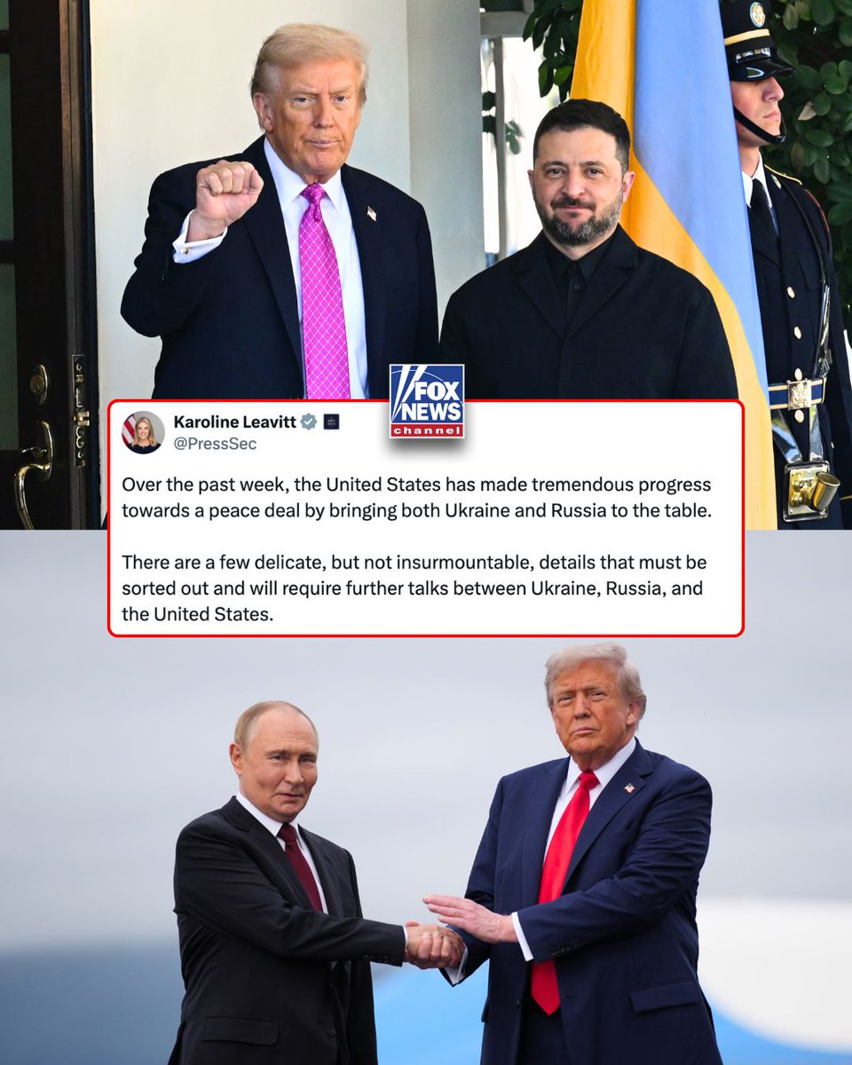 FoxNews's tweet image. PEACE IN SIGHT: The White House says “tremendous progress” has been made toward a Russia–Ukraine peace deal — though a few “delicate, but not insurmountable, details” remain.