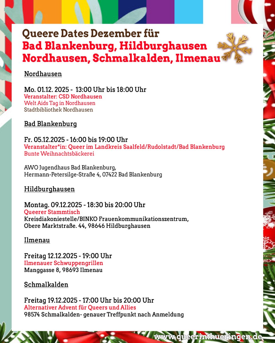 QueererGuide's tweet photo. Weitere Queere Termine für Thüringen

#queererdezemberkalender #queererdezemberkalender2025 #queerinthüringen #queerinthüringenwirkt #queerinjena #queerinerfurt #queerinweimar #QuerinBadBlankenburg #QueerinHildburghausen #QueerinNordhausen #QueerinSchmalkalden #QuerinIlmenau https://t.co/Nvs9jEbRTu