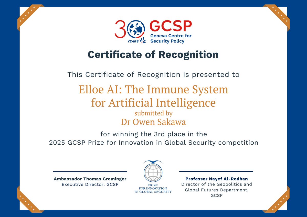 TheGCSP's tweet image. 🥉 Congratulations to @elloe_ai for winning 3rd place with their &quot;Immune System for AI”. Their real-time compliance &amp;amp; safety infrastructure is transforming global #AI #governance, preventing bias, misinformation &amp;amp; unsafe outputs before they occur.

#GCSPPrize #GCSPInnovationDay