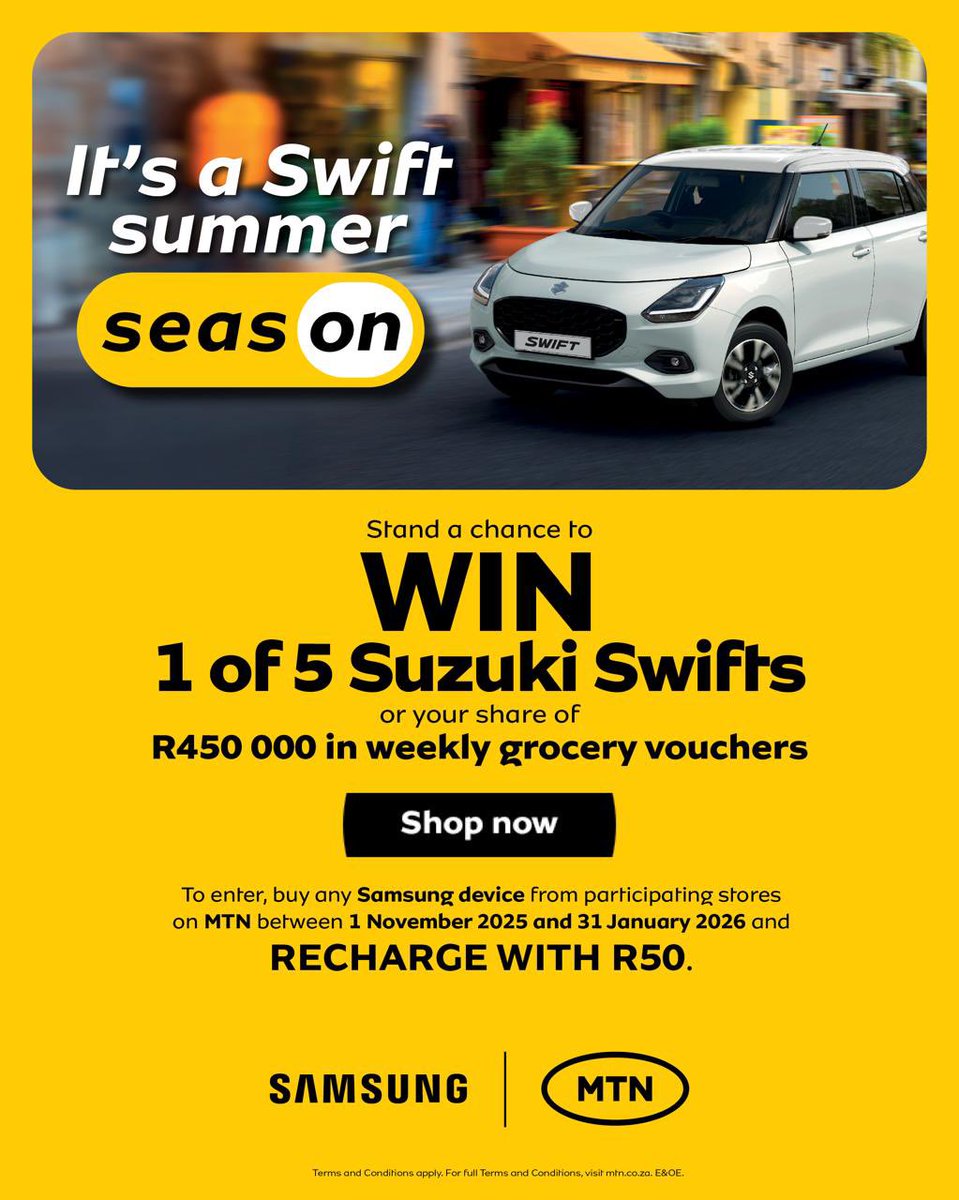 MTN and Samsung are giving you the chance to drive away in 1 of 5 Suzuki Swifts… plus grab your share of R450 000 in weekly grocery vouchers. Simply buy any Samsung device from a participating store between 1 November and 31 January, and recharge with R50 to get an automatic