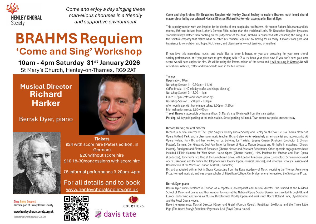 Not looking forward to the winter months? Brighten up your January with a day singing choruses from the magnificent  #Brahms Requiem in our Come and Sing on Saturday 31 January #henleyonthames Workshop followed by informal performance. 🌞🎶😀Tickets from buytickets.at/henleychoralso…