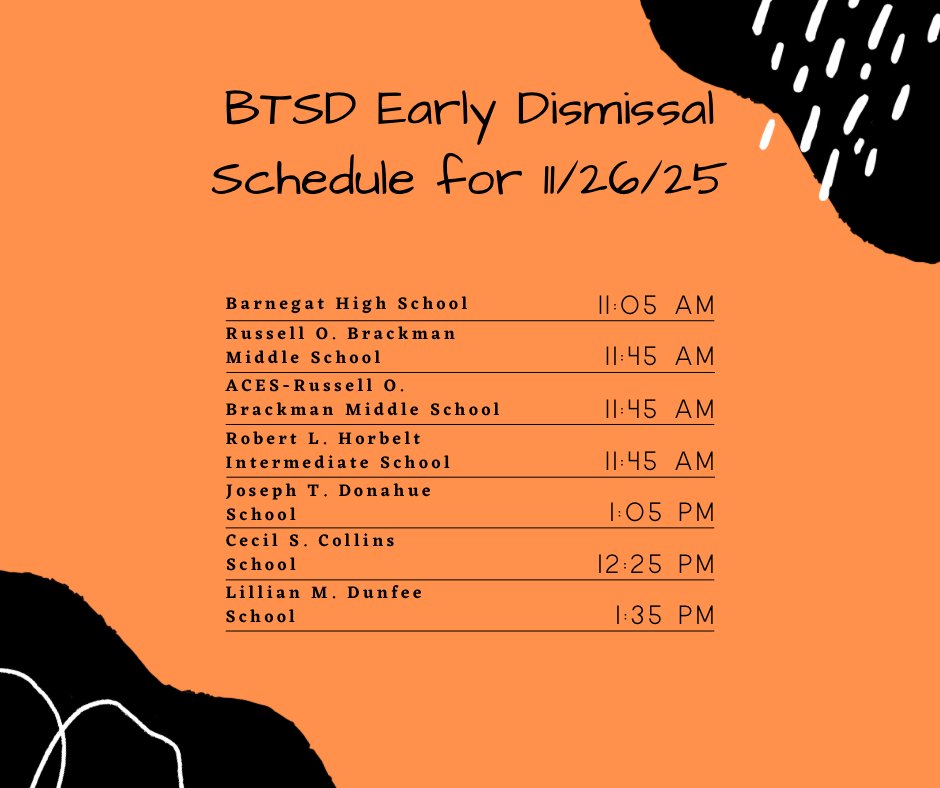 The Barnegat Township School District will have an early dismissal tomorrow, November 26. Schools will be closed on Thursday and Friday for the Thanksgiving break. We will reopen on Monday, December 1.