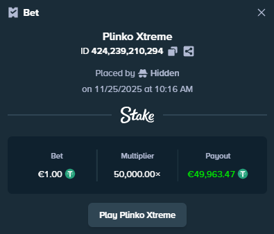 degen_lab's tweet image. 🟣 MASSIVE MAX WIN on Plinko Xtreme 

▫️50,000.00×

👇RT + Drop @Stake username for a tip