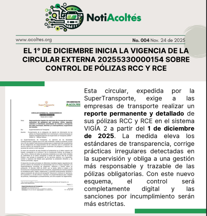 Puede leer esta y más noticias del Transporte Especial en nuestro Boletín informativo Notiacoltés, lo invitamos a visitar nuestra página web: Acoltes.org

Consulte nuestra cuarta versión de Notiacoltés en: docs.google.com/viewerng/viewe…