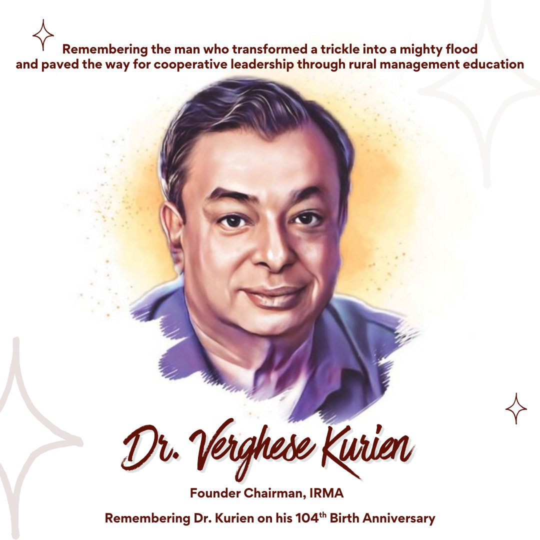 To the man who paved the way for transformation of not only a village, a town or a city, but a whole nation. ​Remembering IRMA's Founder Chairman, the Milkman of India, Dr. Verghese Kurien, on his 104th birth anniversary.

#VergheseKurien #NationalMilkDay
