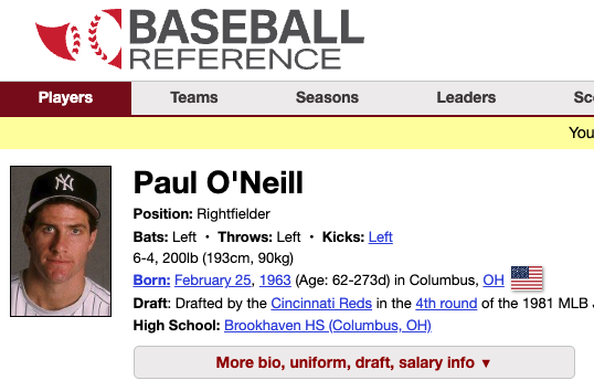 One of my favorite little sports easter eggs is that baseball-reference has "Kicks: Left" on his profile