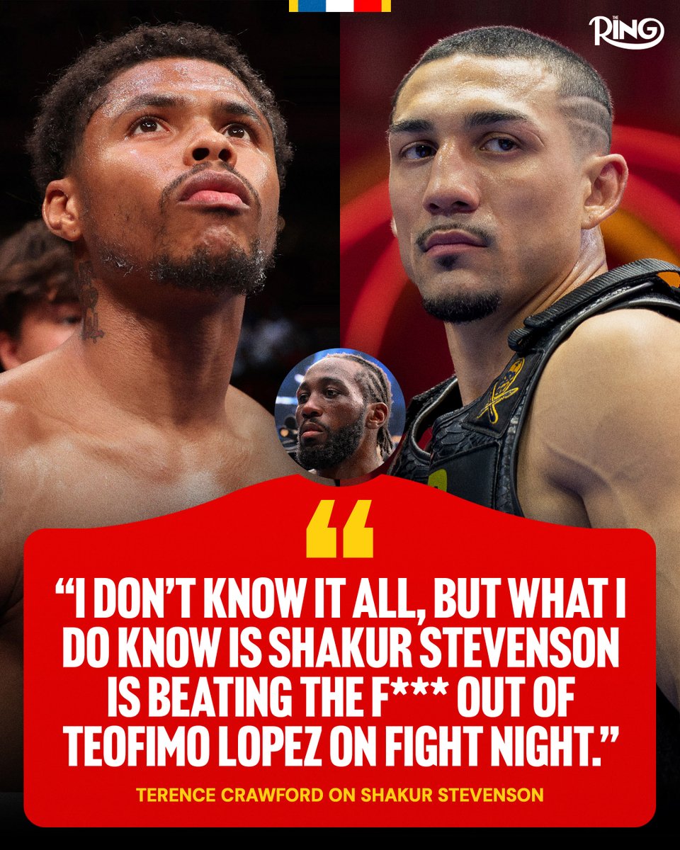ringmagazine's tweet photo. Terence Crawford with a confident prediction for a potential Teofimo Lopez vs Shakur Stevenson fight 😤 https://t.co/DocL0klucl