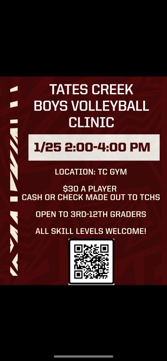 🚨Calling all boys volleyball players 🚨  Tates Creek Boy’s Volleyball is hosting a clinic open to all Lexington players 3rd-12th grade! Come learn from our coaches and practice your skills with our players! Cost is $30, cash or check accepted. All skills levels welcome!