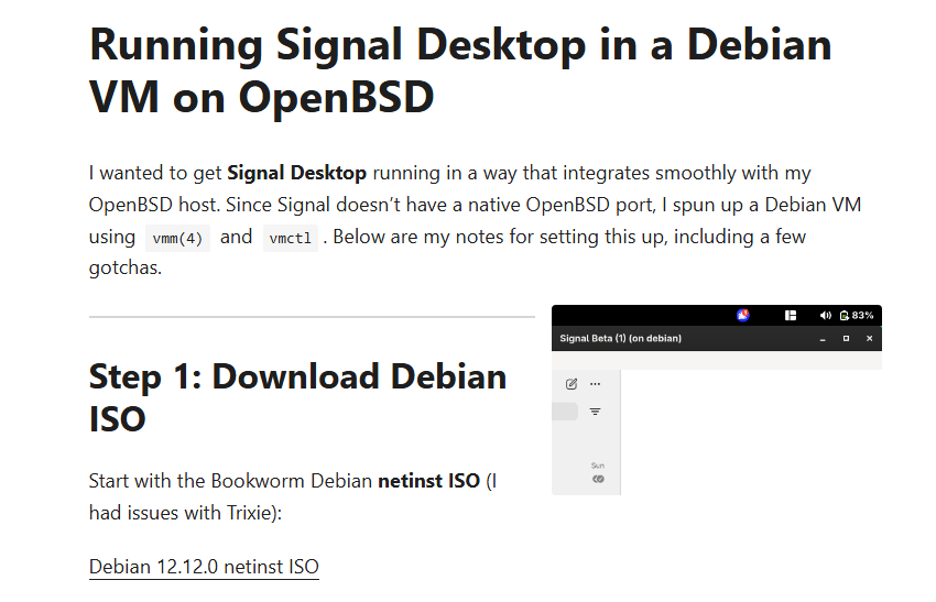 wesley974's tweet image. Running Signal Desktop in a #Debian VM on #OpenBSD
👉geekyschmidt.com/post/signal-de…