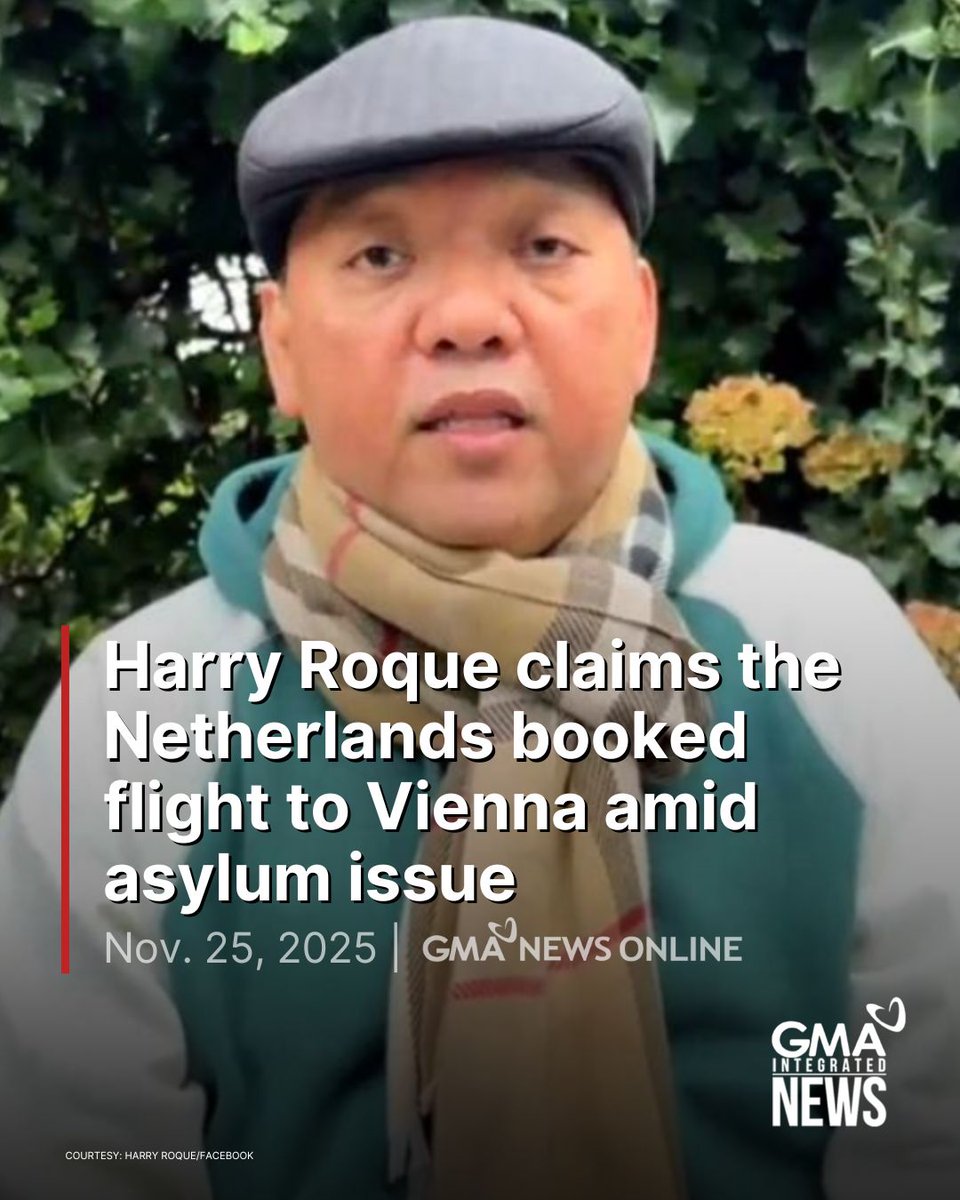 gmanews's tweet photo. Former presidential spokesperson Atty. Harry Roque said authorities in the Netherlands booked him a flight to Vienna in Austria, adding that he was told that it was up to the latter’s government to give him protection.

Amid reports that he was arrested after the cancellation of his passport in connection with qualified human trafficking charges, Roque said he was disembarked from the plane, and his trip to Vienna didn’t push through.

Read more:
https://t.co/GEgfgghcje