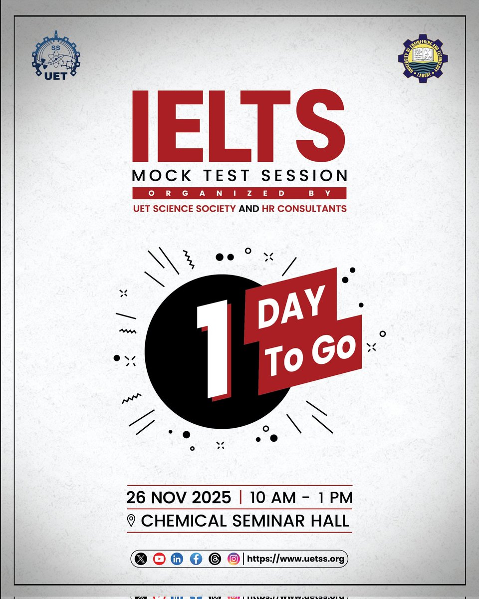 UET_SS's tweet image. This is a gentle reminder that the IELTS Mock Test, organized by UET Science Society in collaboration with HR Consultants, will take place tomorrow. Participants are advised to be punctual, prepared, and attentive.

#uetss #uet #hrconsultants #sciencesociety #ielts