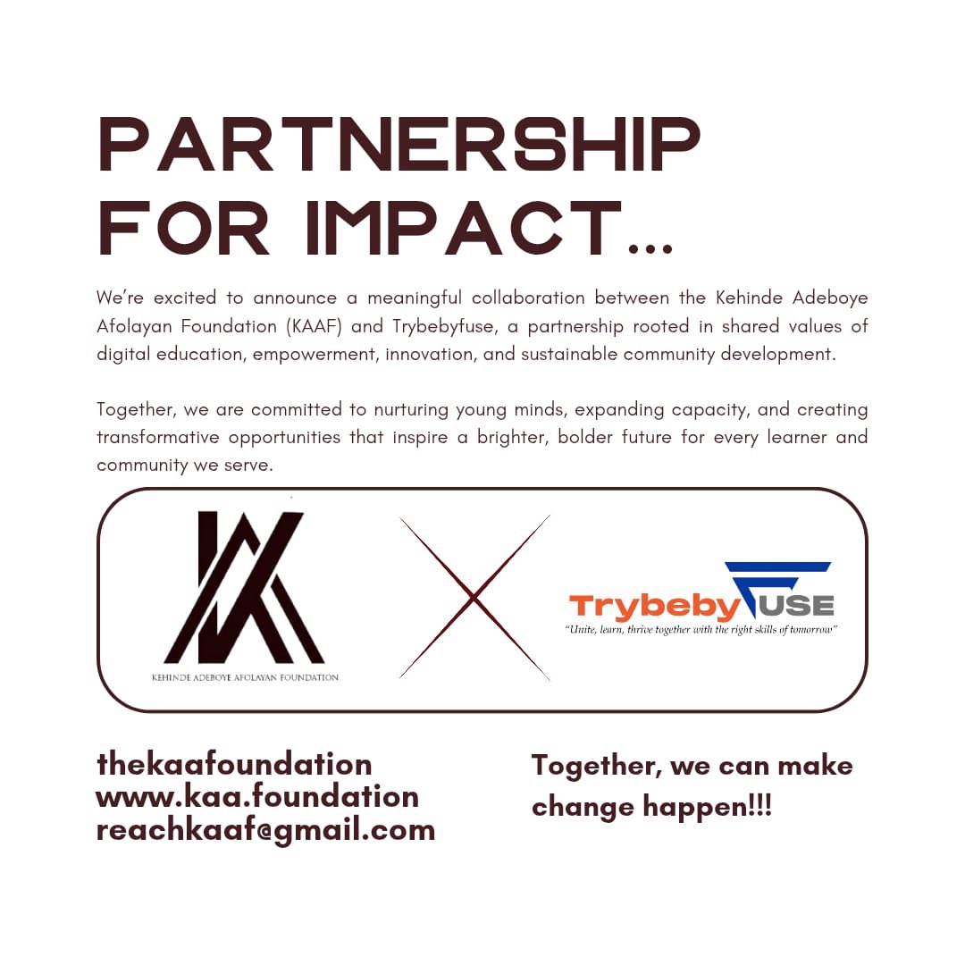 TrybebyFUSE's tweet photo. We’re excited to officially announce our partnership with the Kehinde Adeboye Afolayan Foundation (KAAF)! 🚀
 Together, we’re joining forces to empower young minds, expand access to digital education, and create transformative opportunities for the communities we serve. 🧡 https://t.co/kBkfsK5UG6