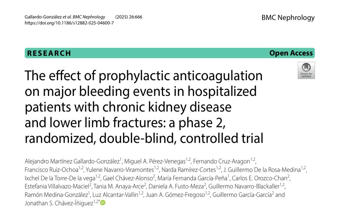 Se publica nuestro nuevo Ensayo Clínico

En enfermedad renal crónica avanzada y fractura de miembro pélvico, comparamos el efecto que tiene la anticoagulación profiláctica o placebo, en los sangrados y trombosis

Léanlo gratis👇🏻

BMC Nephrology 2025
doi.org/10.1186/s12882…