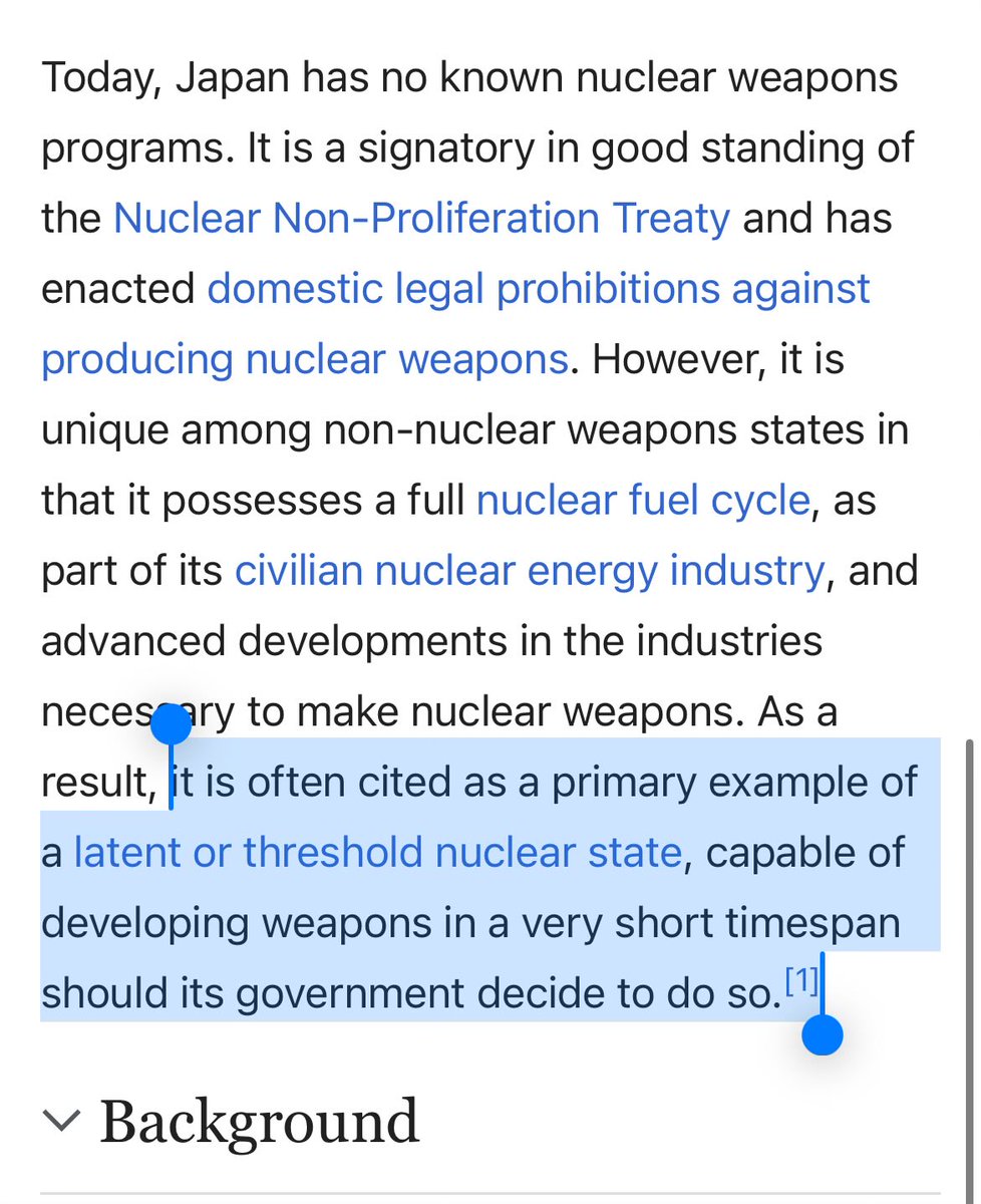 tomaspueyo's tweet image. Relevant to the current China-Japan conflict: ppl don’t realize Japan is de facto a nuclear power