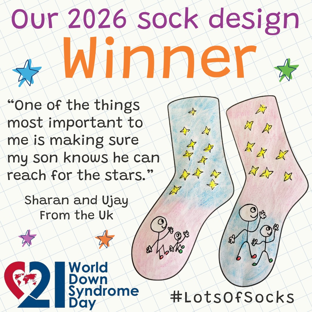 ErinsWorldFrame's tweet photo. Here is the winning sock design from Down Syndrome International's 2025 sock design competition.
'Reach for the Stars' was designed by Sharan and Ujay who are from the UK. 
#LotsofSocks  #DownSyndrome #CelebrateDiversity #DownSyndromeLove https://t.co/gmKUwXWdDn