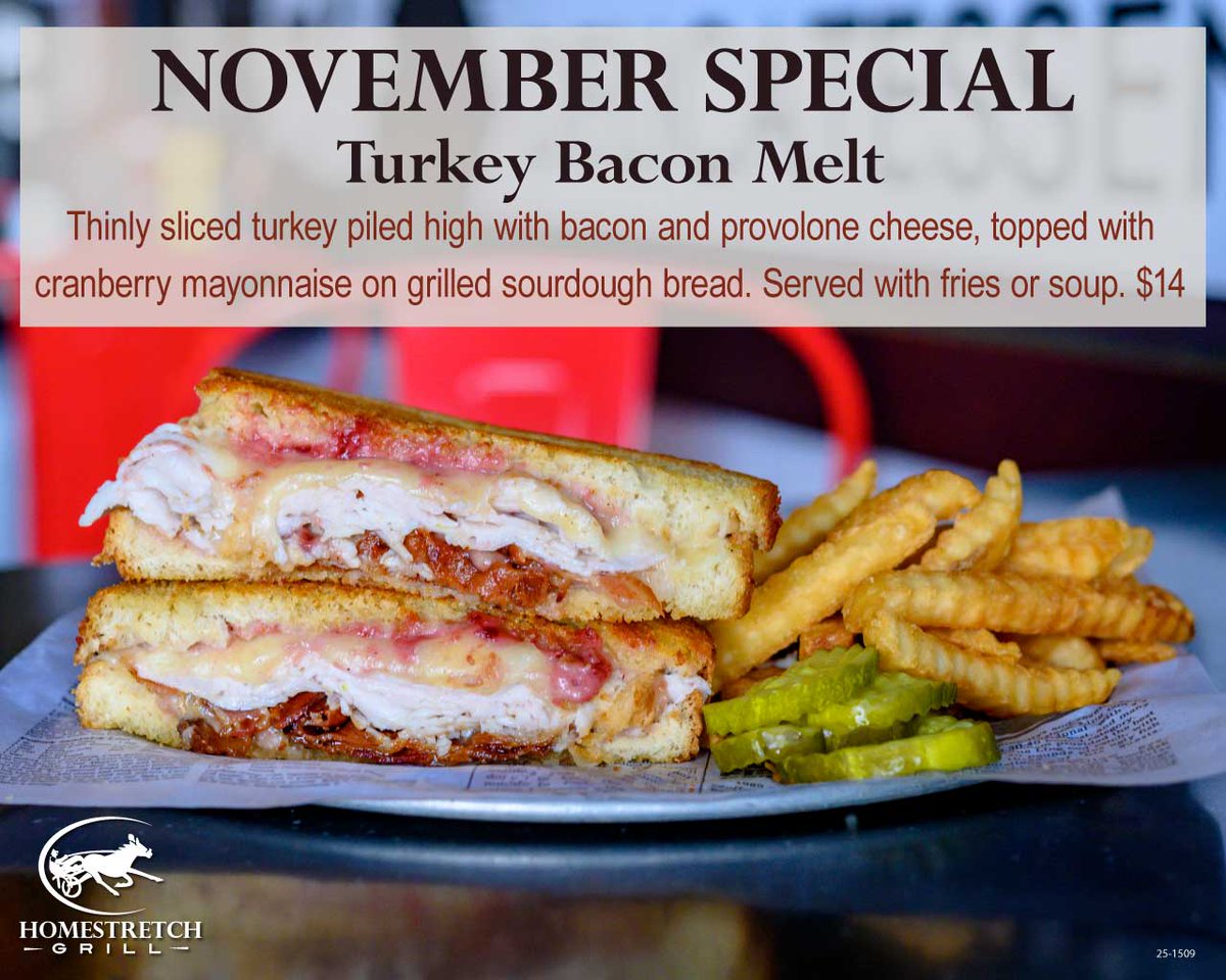 Sweet, savory, and oh-so-melty! 😋 Grab our Turkey Bacon Melt with cranberry mayo at Homestretch Grill — this month only!

Full menu &amp; more: bit.ly/4p8ciGg