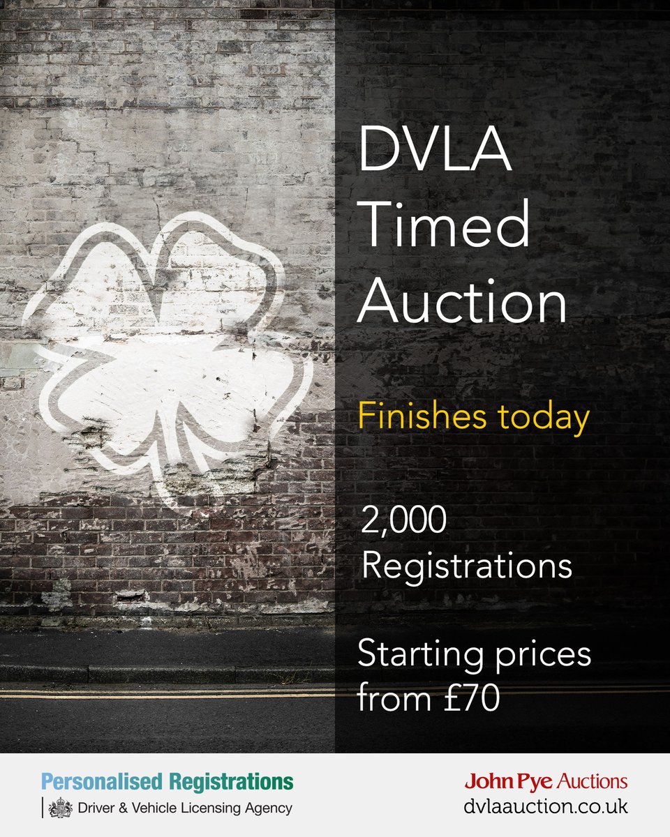 Our November online auction finishes today! ⏳

🍀 Good luck to everyone placing their final bids 🍀

View all lots here:
👉 ow.ly/h6CN50XkRvt
#MyDVLAReg #MakeItPersonal #DVLAAuction