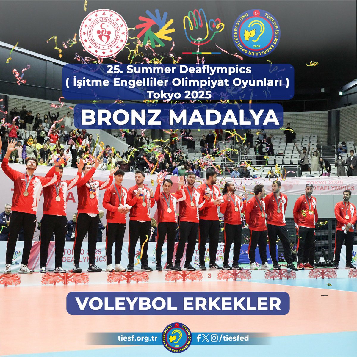 Erkek Voleybol Milli Takımımız Olimpiyat Üçüncüsü 🥉🇹🇷

İşitme Engelliler Erkek Voleybol Milli Takımımız, Tokyo 2025 Deaflympics’te bronz madalya kazanarak Olimpiyat üçüncüsü oldu.

Sporcularımızı, teknik ekibimizi ve emeği geçen herkesi yürekten tebrik ediyoruz.