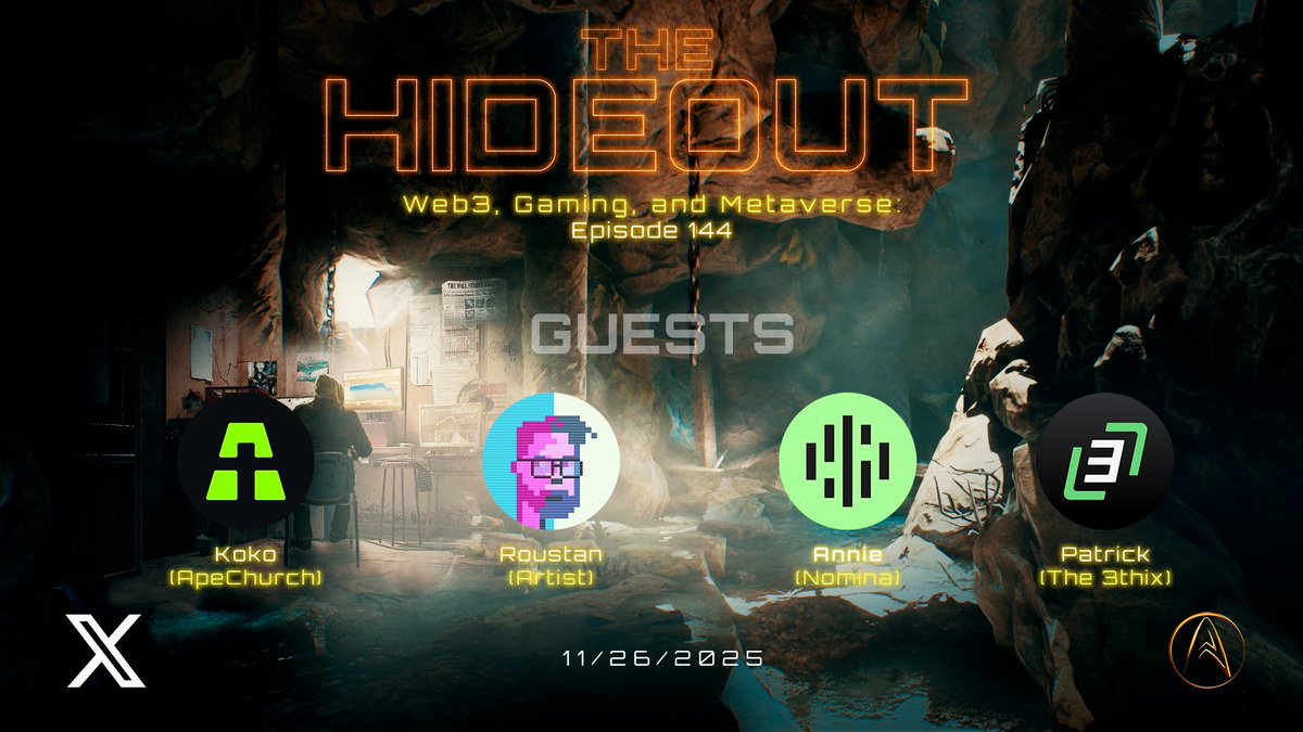 TheHideout_Show's tweet image. 🌐The Hideout - Ep. 144 - Web3 Gaming and Metaverse  - Guests:@RoustanXYZ, @Nomina, @ape_church and @the3thix!🌐

Join us tomorrow at  10 AM PT / 1 PM ET for a fun discussion with our guests and our host @Satoshiverse_io!



#Satoshiverse