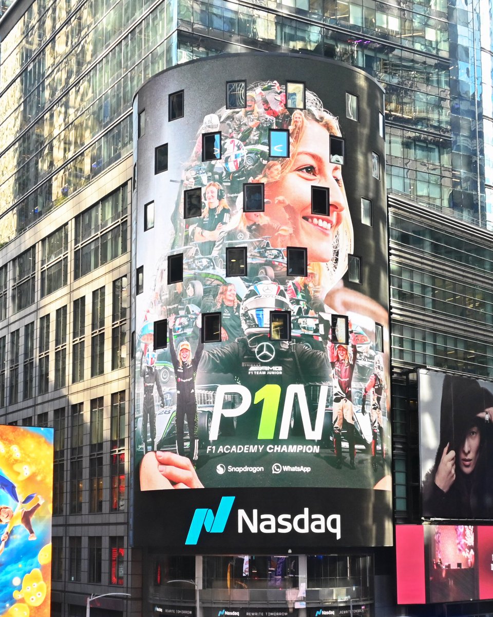 MercedesAMGF1's tweet image. Celebrating @DorianePin's @f1academy success in Times Square 😍 Amazing to see Doriane featuring on the @Nasdaq Tower 👏