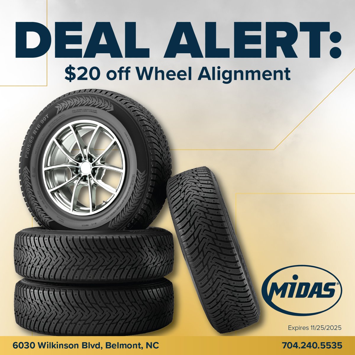 midasbelmontnc's tweet image. DEAL ALERT: $20 off Wheel Alignment ends TODAY! Don't let those tires wear unevenly. Get straight and save before the 11/25/2025 deadline. Website: midastireandauto.com Call: 704.240.5535 #AlignmentDeal #ExpiresToday #Midas #WheelAlignment #CarService #LastCall
