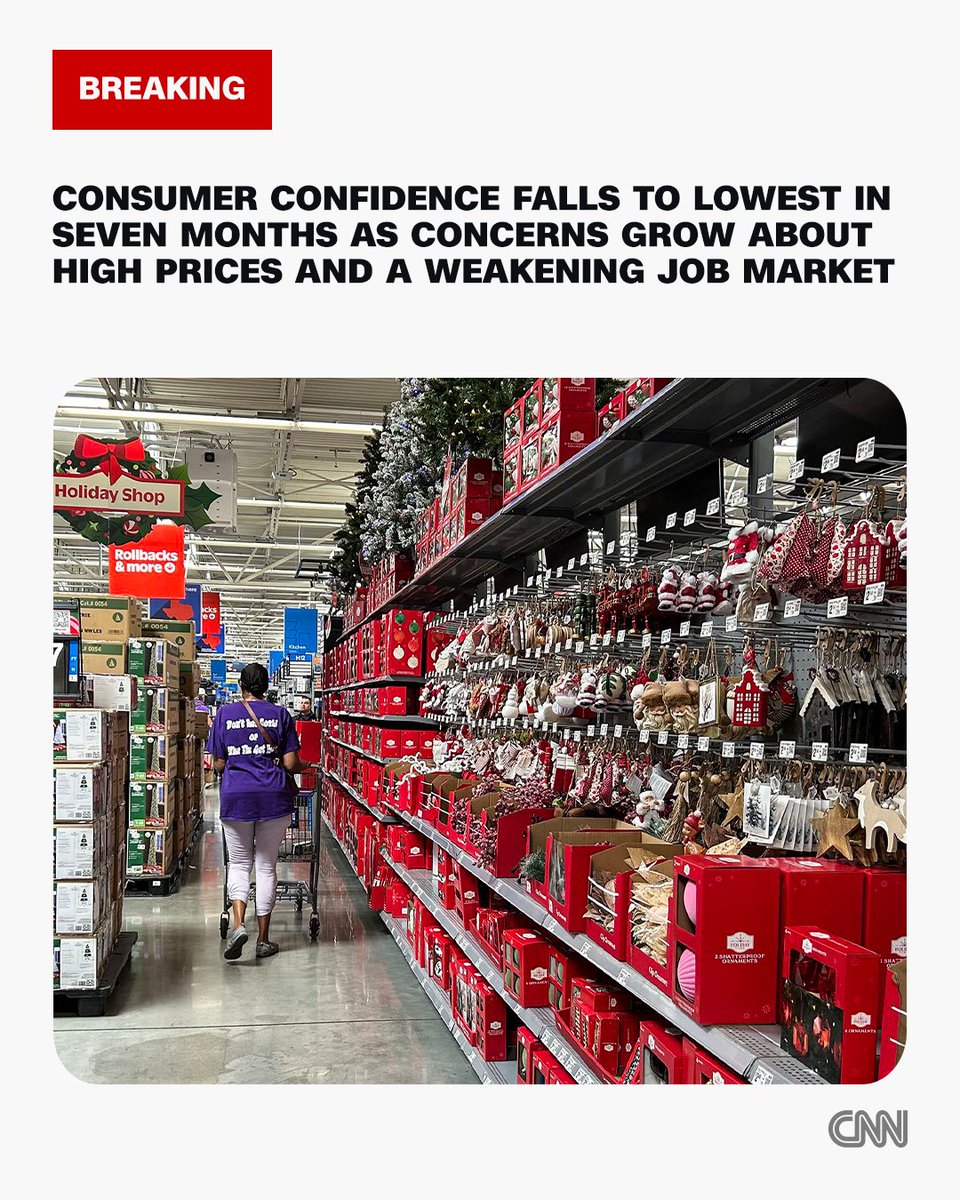 cnnbrk's tweet image. Consumer confidence falls to lowest in seven months as concerns grow about high prices and a weakening job market. Follow live updates. cnn.it/48vvAPD