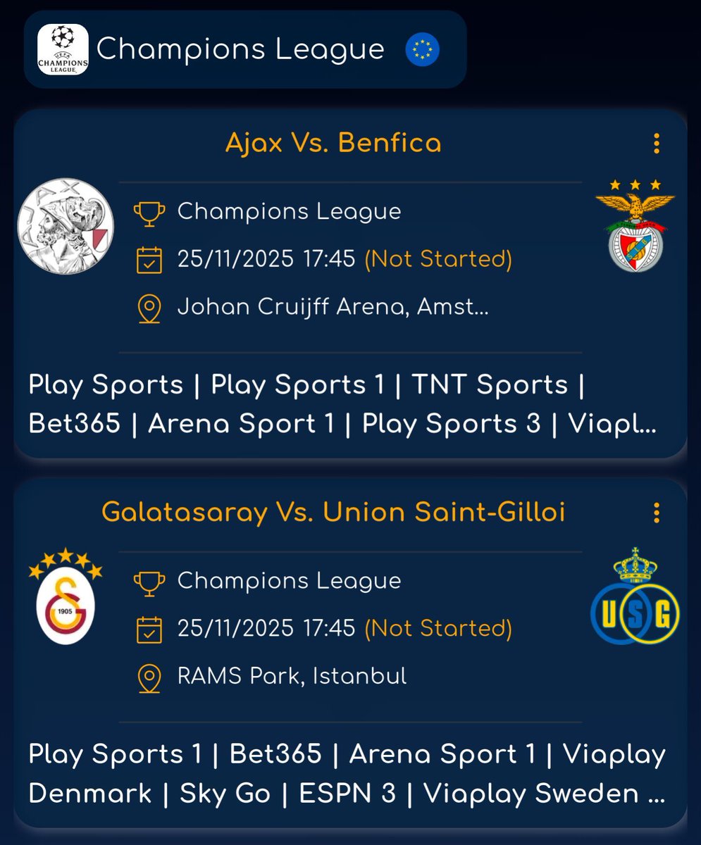 Todays Key Fixtures ⚽️🔥

#UCL:
🇪🇺 #Ajax Vs. Benfica
🇪🇺 Galatasaray Vs. #UnionSaintGillois
🇪🇺 Bodø/Glimt Vs. #Juventus
🇪🇺 #Dortmund Vs. Villarreal
🇪🇺 Chelsea Vs. #Barcelona
🇪🇺 #ManCity Vs. #Bayer04
🇪🇺 #Napoli Vs. Qarabağ
🇪🇺 Olympique Marseille Vs. #Newcastle
🇪🇺 Slavia Praha Vs.