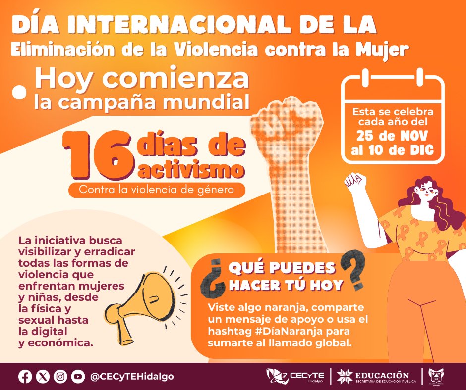 CECyTEHidalgo's tweet image. #CECyTEHidalgo  #DíaNaranja
Hoy damos inicio a los 16 días de activismo contra la violencia de género, una campaña mundial que busca visibilizar, prevenir y erradicar cualquier forma de violencia hacia mujeres y niñas. 
#SomosUnEquipoTransformandoElFuturo
